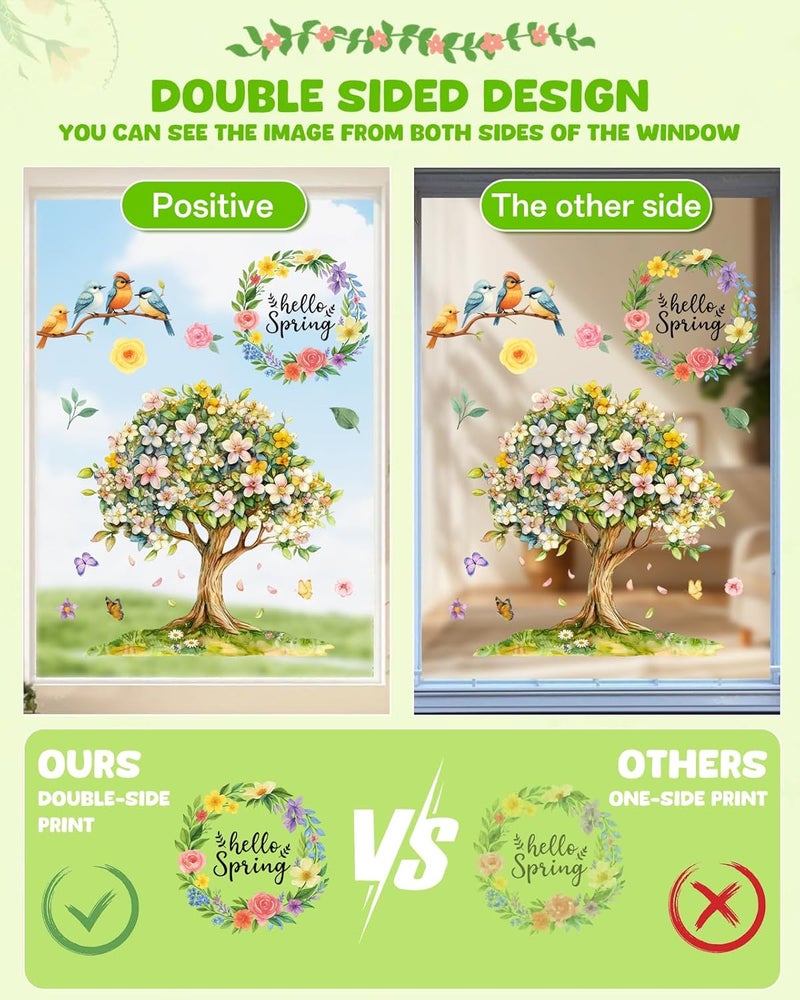 JMHACHY Spring Window Clings - 9 Sheets 121Pcs Reusable Hello Spring Decorations for Glass for Home Office, Birds Flowers Window Stickers for Glass, Double-Sided Large Decals - Image 3